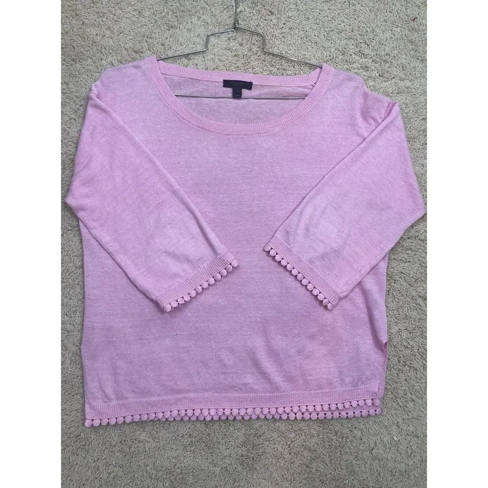 J.CREW Women’s Spring Sweater 100% Linen 3/4 Sleeves‎ Cute Pink Pom-Pom Trim S